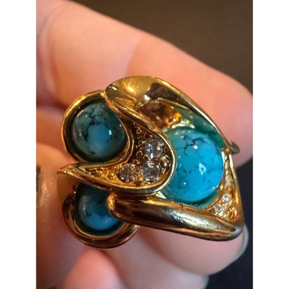 TJ Fallon Jewelry Turquoise & Rhinestone Cluster Ring Size 6 - Picture 5 of 6